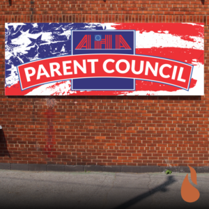AHA Parent Council horizontal banner blue white red on brick wall