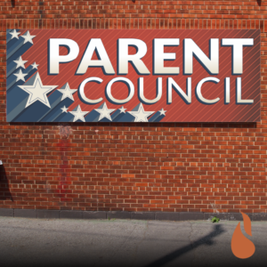 Parent Council banner print on brick wall